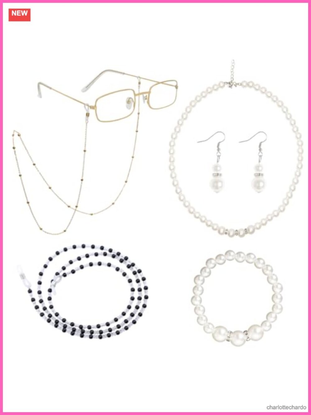 5Pc Old Lady Granny Costume Set Faux Pearl Jewelry Eyeglass Chain